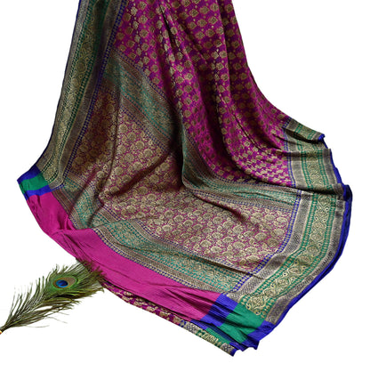Indian Antique Vintage Heavy Wedding Sari Purple & Green Pure Satin Silk Hand Woven Banarasi Sarees Zari 5Yd Pre-owned Designing