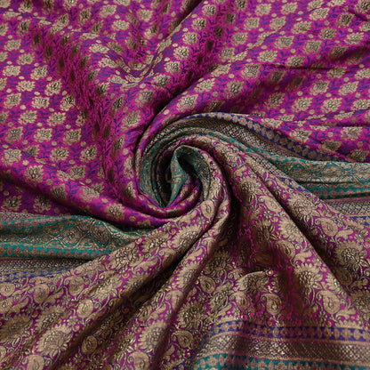 Indian Antique Vintage Heavy Wedding Sari Purple & Green Pure Satin Silk Hand Woven Banarasi Sarees Zari 5Yd Pre-owned Designing