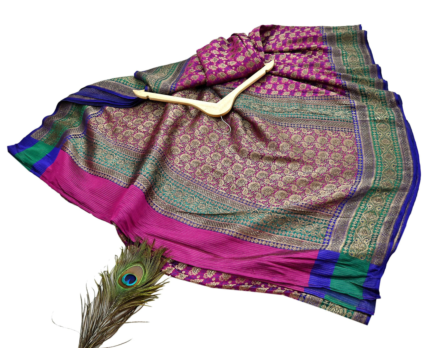 Indian Antique Vintage Heavy Wedding Sari Purple & Green Pure Satin Silk Hand Woven Banarasi Sarees Zari 5Yd Pre-owned Designing