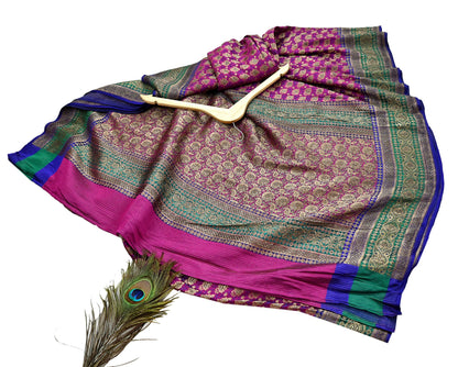 Indian Antique Vintage Heavy Wedding Sari Purple & Green Pure Satin Silk Hand Woven Banarasi Sarees Zari 5Yd Pre-owned Designing