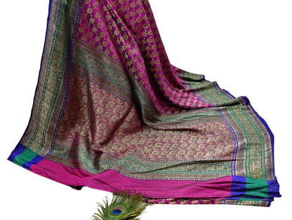 Indian Antique Vintage Heavy Wedding Sari Purple & Green Pure Satin Silk Hand Woven Banarasi Sarees Zari 5Yd Pre-owned Designing