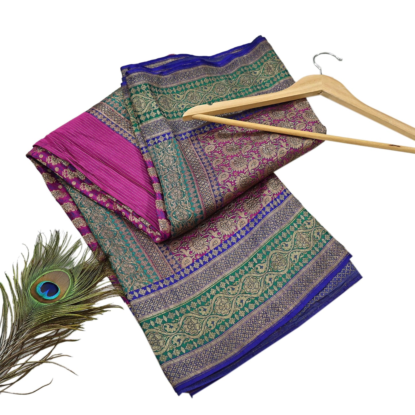 Indian Antique Vintage Heavy Wedding Sari Purple & Green Pure Satin Silk Hand Woven Banarasi Sarees Zari 5Yd Pre-owned Designing