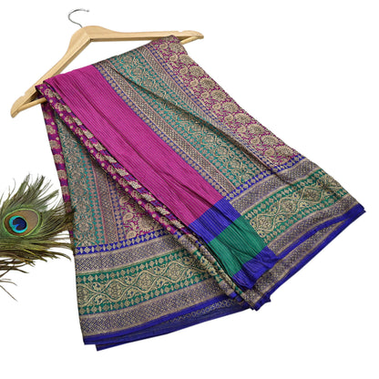 Indian Antique Vintage Heavy Wedding Sari Purple & Green Pure Satin Silk Hand Woven Banarasi Sarees Zari 5Yd Pre-owned Designing