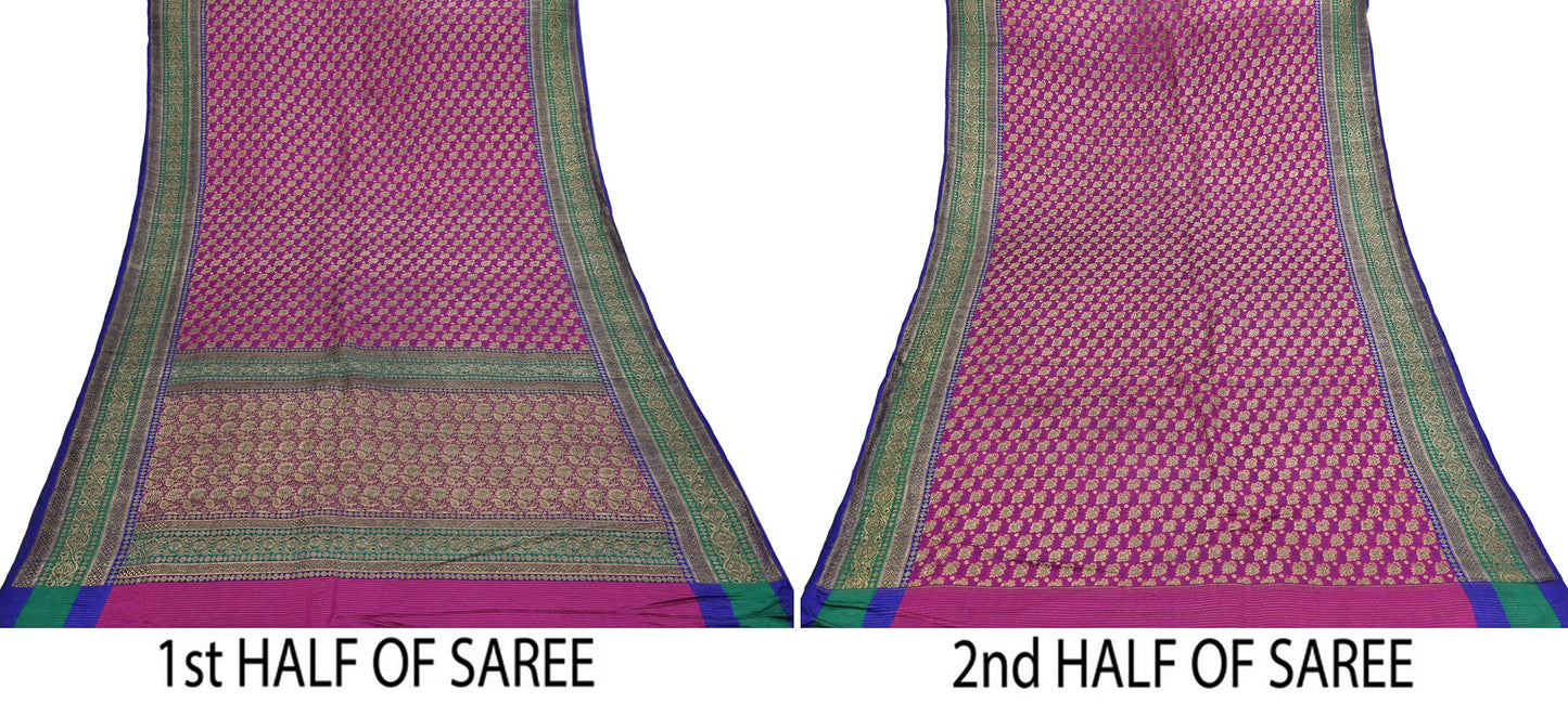 Indian Antique Vintage Heavy Wedding Sari Purple & Green Pure Satin Silk Hand Woven Banarasi Sarees Zari 5Yd Pre-owned Designing