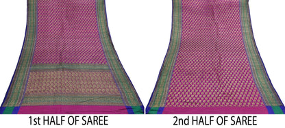 Indian Antique Vintage Heavy Wedding Sari Purple & Green Pure Satin Silk Hand Woven Banarasi Sarees Zari 5Yd Pre-owned Designing