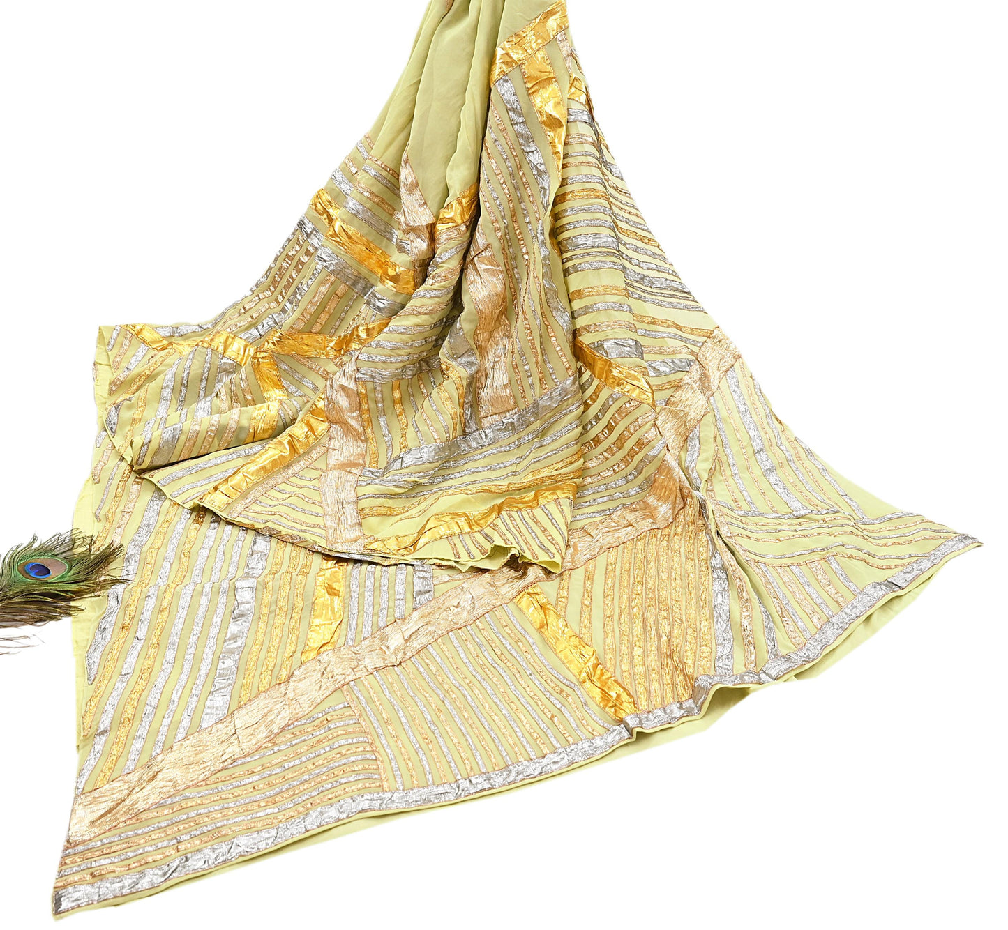 Indian Pre-owned Heavy Sari Sage Green Pure Georgette Silk Hand Embroidered gota patti Sarees Designer Abu Jani 6Yd Sewing Ethnic Sarees