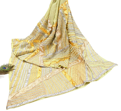 Indian Pre-owned Heavy Sari Sage Green Pure Georgette Silk Hand Embroidered gota patti Sarees Designer Abu Jani 6Yd Sewing Ethnic Sarees