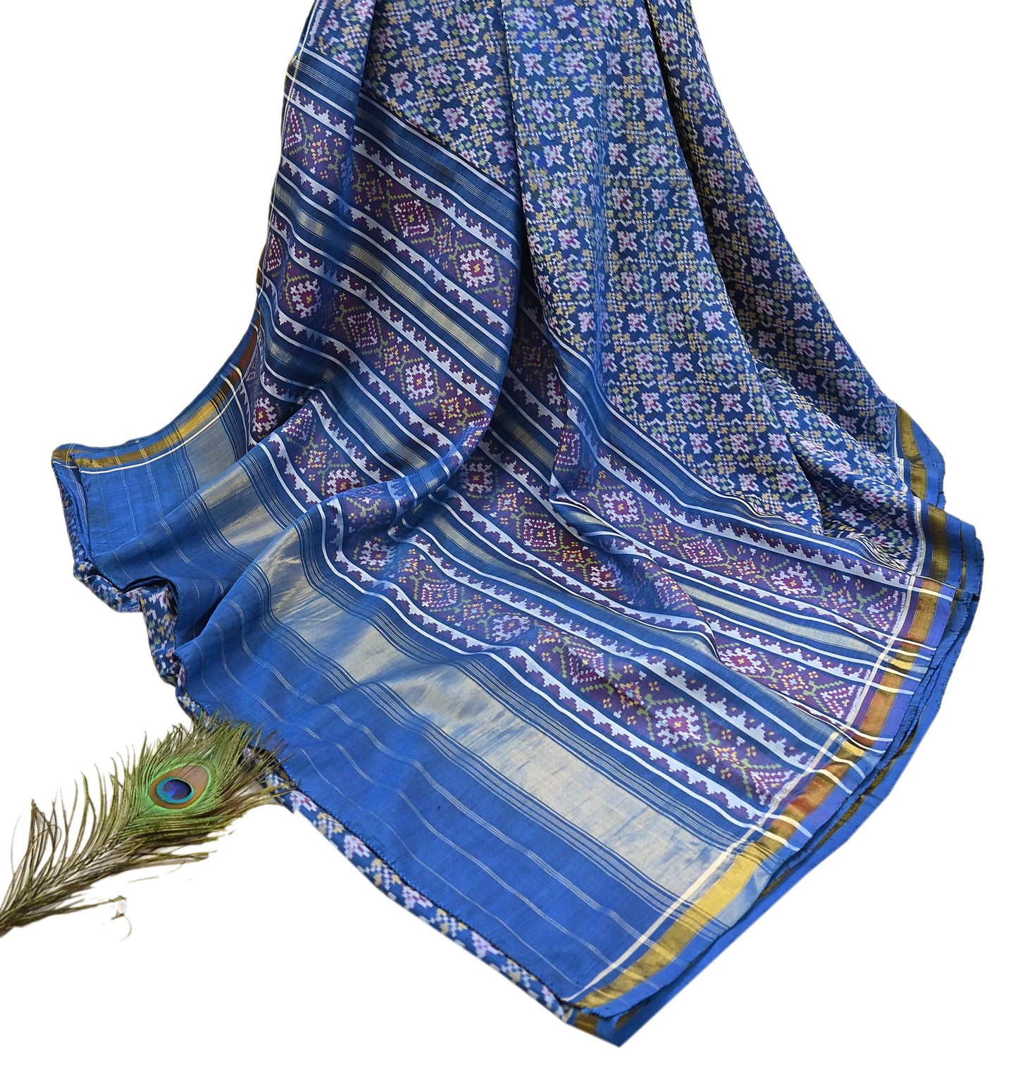 Indian Vintage Blue Single Ikat Sambalpuri Patola Saree  100% Pure Silk Handwoven 5 Yards Zari Border Craft Fabric