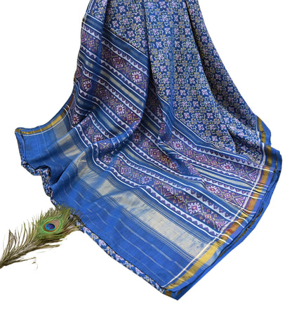 Indian Vintage Blue Single Ikat Sambalpuri Patola Saree  100% Pure Silk Handwoven 5 Yards Zari Border Craft Fabric