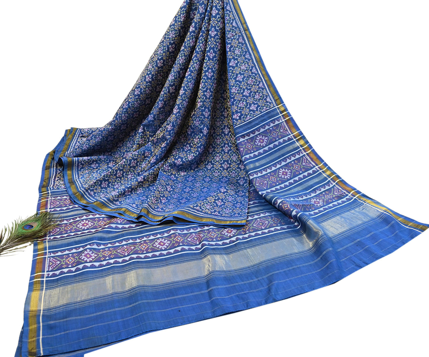 Indian Vintage Blue Single Ikat Sambalpuri Patola Saree  100% Pure Silk Handwoven 5 Yards Zari Border Craft Fabric