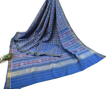 Indian Vintage Blue Single Ikat Sambalpuri Patola Saree  100% Pure Silk Handwoven 5 Yards Zari Border Craft Fabric