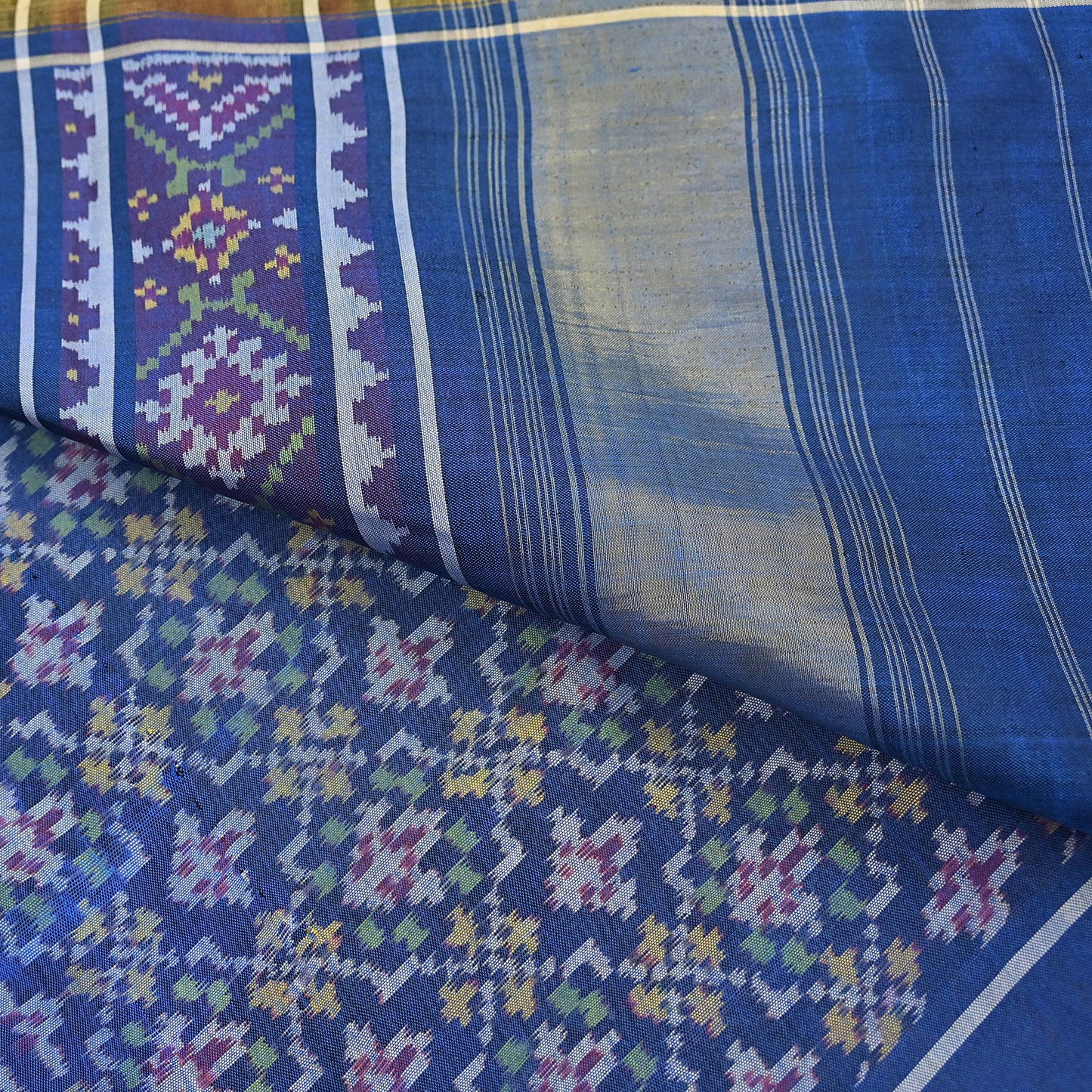 Indian Vintage Blue Single Ikat Sambalpuri Patola Saree  100% Pure Silk Handwoven 5 Yards Zari Border Craft Fabric