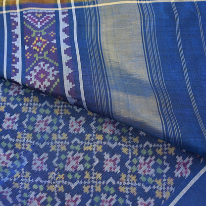 Indian Vintage Blue Single Ikat Sambalpuri Patola Saree  100% Pure Silk Handwoven 5 Yards Zari Border Craft Fabric