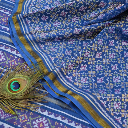 Indian Vintage Blue Single Ikat Sambalpuri Patola Saree  100% Pure Silk Handwoven 5 Yards Zari Border Craft Fabric