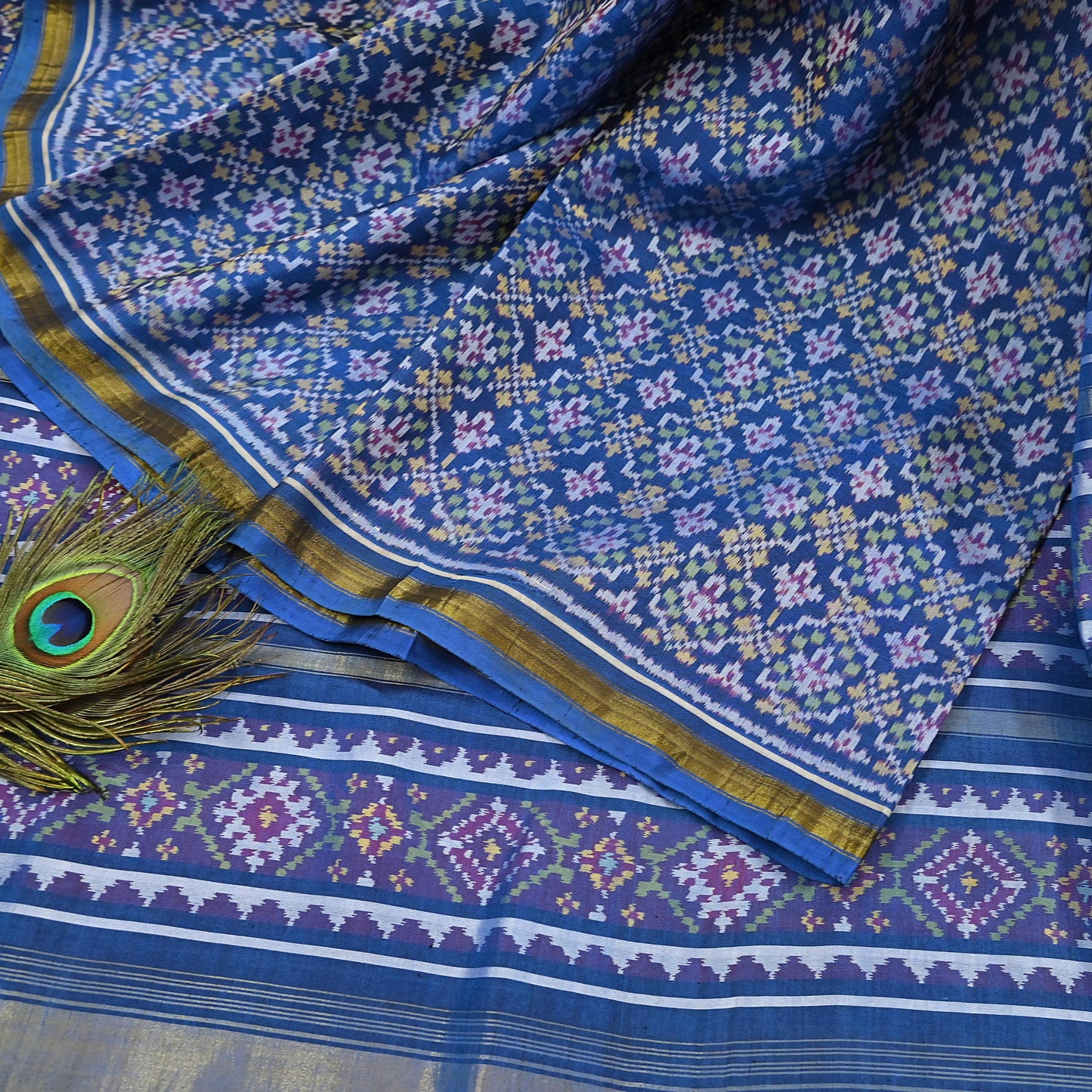 Indian Vintage Blue Single Ikat Sambalpuri Patola Saree  100% Pure Silk Handwoven 5 Yards Zari Border Craft Fabric