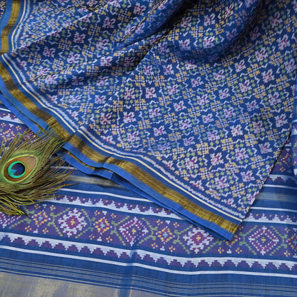 Indian Vintage Blue Single Ikat Sambalpuri Patola Saree  100% Pure Silk Handwoven 5 Yards Zari Border Craft Fabric
