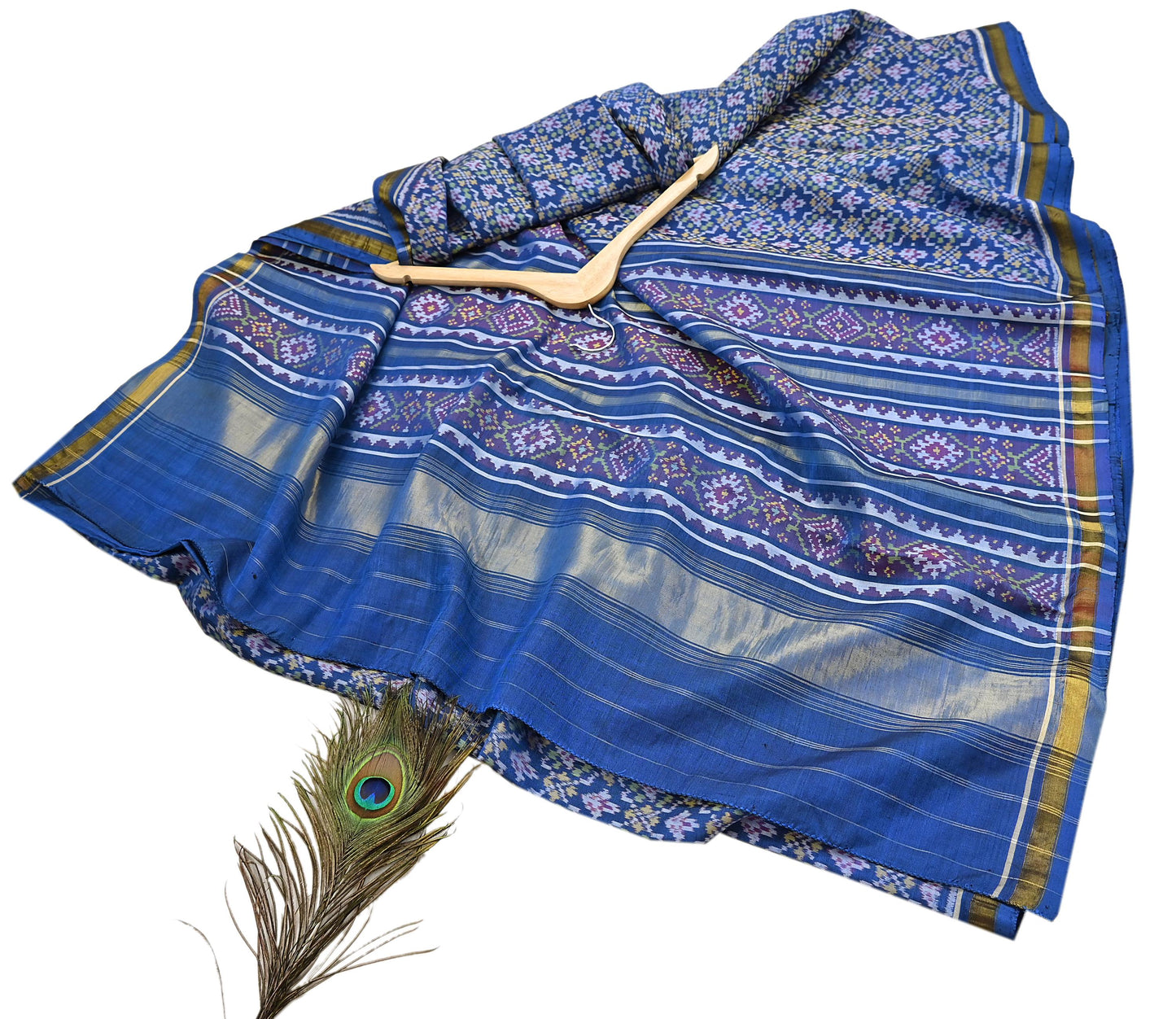 Indian Vintage Blue Single Ikat Sambalpuri Patola Saree  100% Pure Silk Handwoven 5 Yards Zari Border Craft Fabric