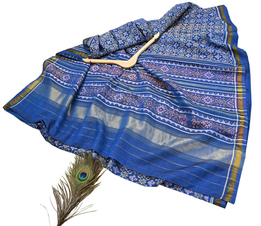 Indian Vintage Blue Single Ikat Sambalpuri Patola Saree  100% Pure Silk Handwoven 5 Yards Zari Border Craft Fabric