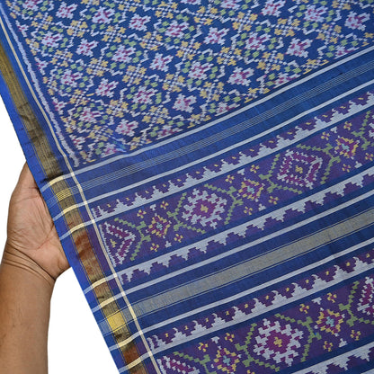 Indian Vintage Blue Single Ikat Sambalpuri Patola Saree  100% Pure Silk Handwoven 5 Yards Zari Border Craft Fabric
