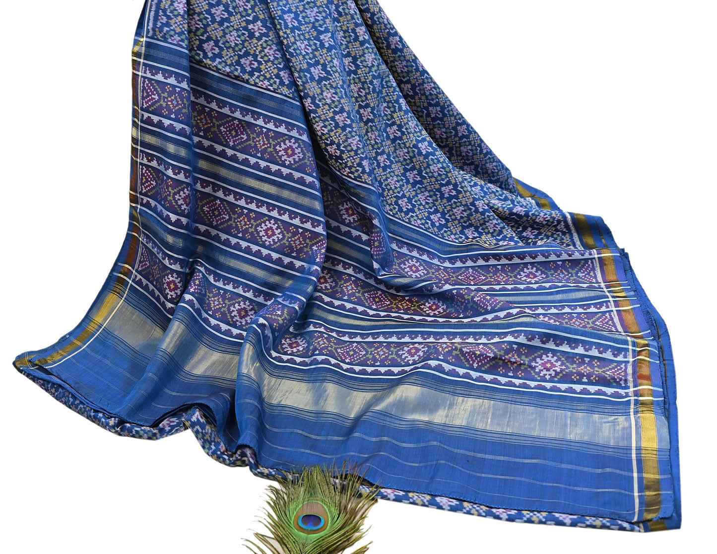 Indian Vintage Blue Single Ikat Sambalpuri Patola Saree  100% Pure Silk Handwoven 5 Yards Zari Border Craft Fabric