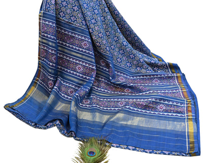 Indian Vintage Blue Single Ikat Sambalpuri Patola Saree  100% Pure Silk Handwoven 5 Yards Zari Border Craft Fabric
