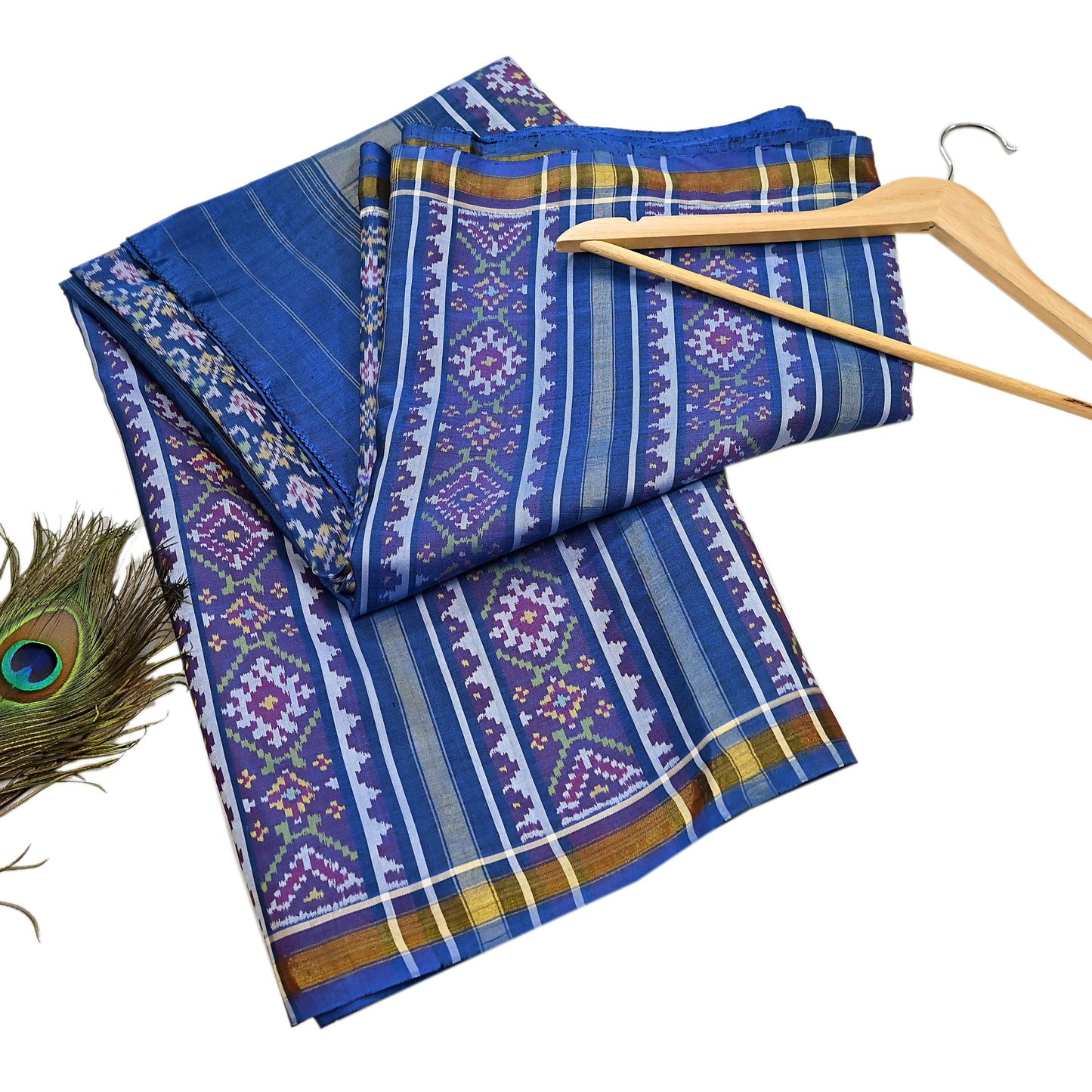 Indian Vintage Blue Single Ikat Sambalpuri Patola Saree  100% Pure Silk Handwoven 5 Yards Zari Border Craft Fabric