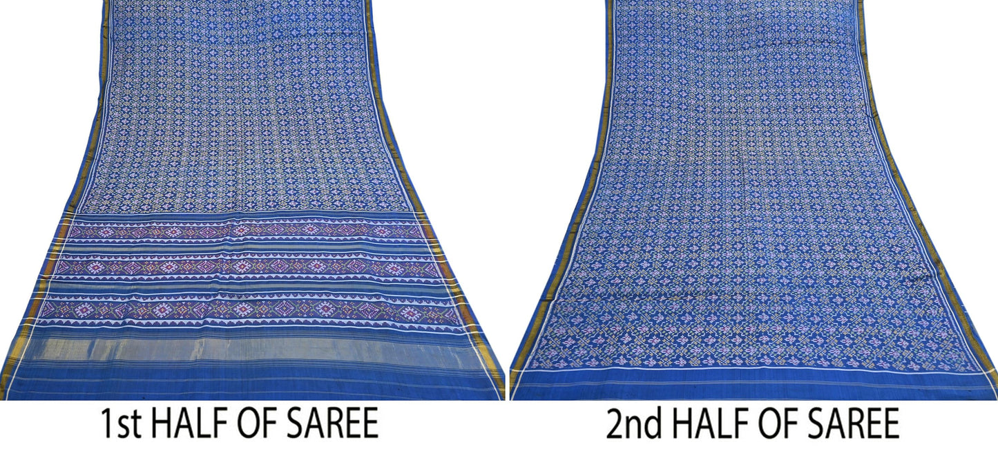 Indian Vintage Blue Single Ikat Sambalpuri Patola Saree  100% Pure Silk Handwoven 5 Yards Zari Border Craft Fabric