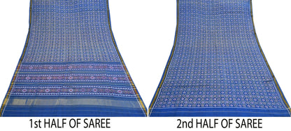 Indian Vintage Blue Single Ikat Sambalpuri Patola Saree  100% Pure Silk Handwoven 5 Yards Zari Border Craft Fabric