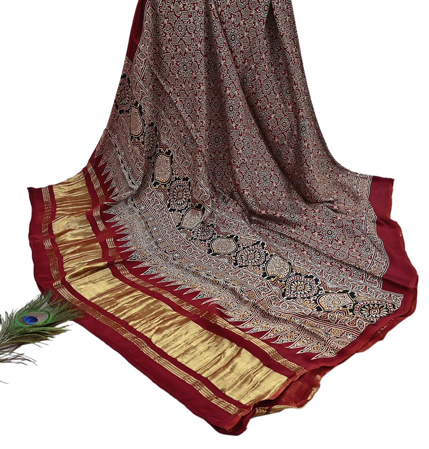 Indian Vintage Maroon Dupatta Long Stole Ajrakh Print Pure Satin silk Scarves Scarf Veil Wrap Boho Soft Paisley