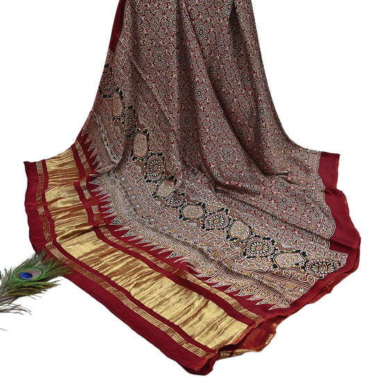 Indian Vintage Maroon Dupatta Long Stole Ajrakh Print Pure Satin silk Scarves Scarf Veil Wrap Boho Soft Paisley