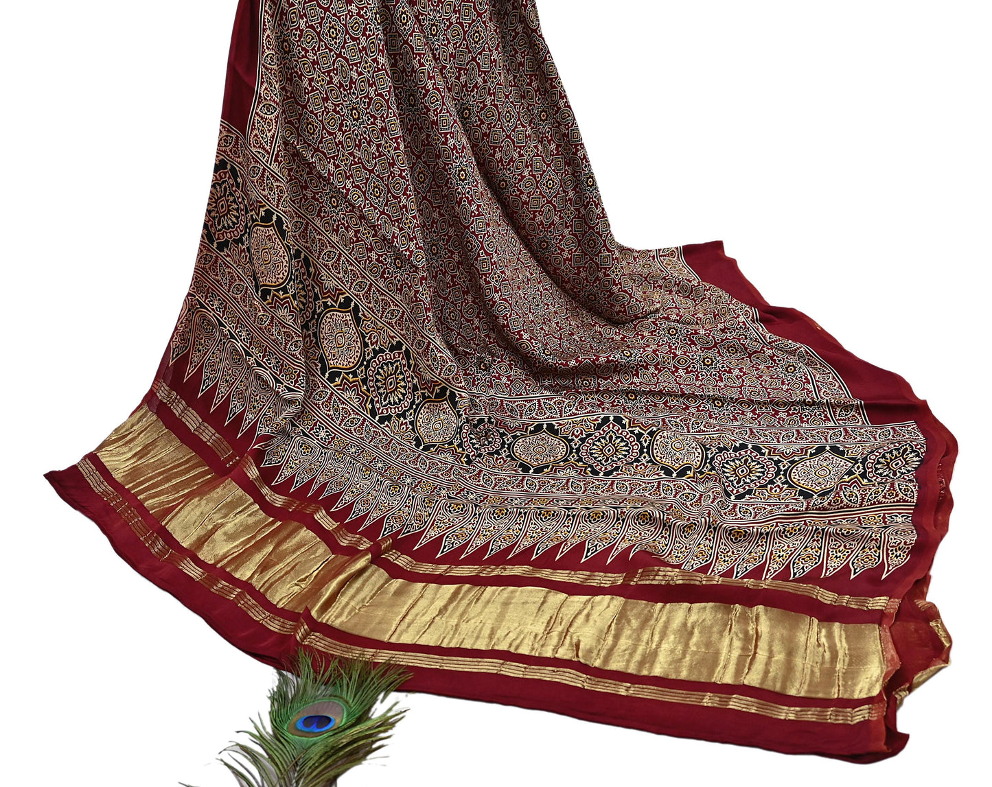 Indian Vintage Maroon Dupatta Long Stole Ajrakh Print Pure Satin silk Scarves Scarf Veil Wrap Boho Soft Paisley