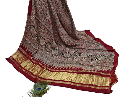 Indian Vintage Maroon Dupatta Long Stole Ajrakh Print Pure Satin silk Scarves Scarf Veil Wrap Boho Soft Paisley
