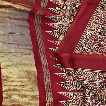 Indian Vintage Maroon Dupatta Long Stole Ajrakh Print Pure Satin silk Scarves Scarf Veil Wrap Boho Soft Paisley