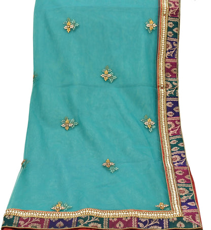 Indian Vintage Heavy Bridal Green Net Dupatta | Hand Embroidered Zardozi Zari Sequins Stole | Floral Design Hijab Veil | Wedding/Party Wear