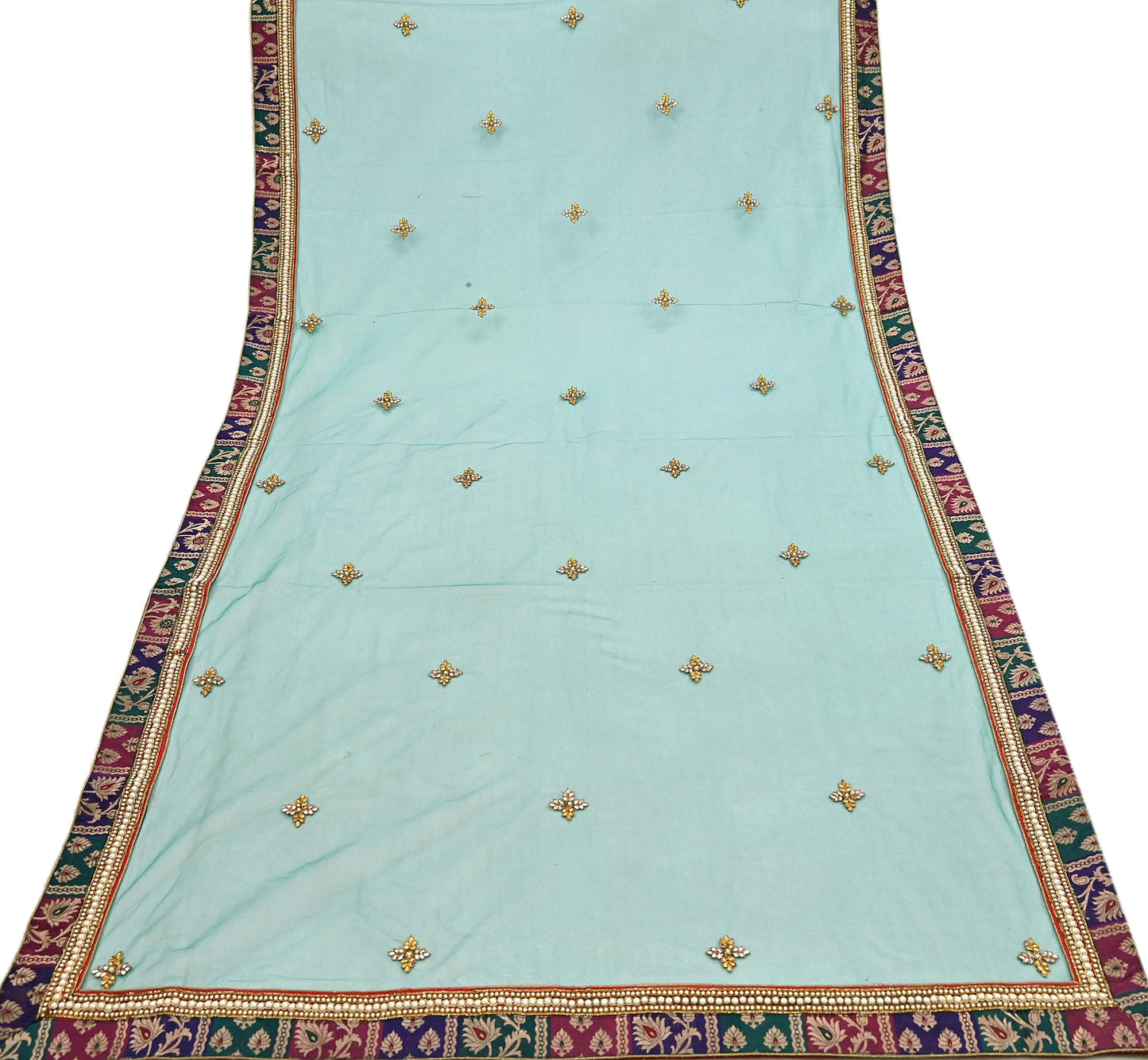 Indian Vintage Heavy Bridal Green Net Dupatta | Hand Embroidered Zardozi Zari Sequins Stole | Floral Design Hijab Veil | Wedding/Party Wear