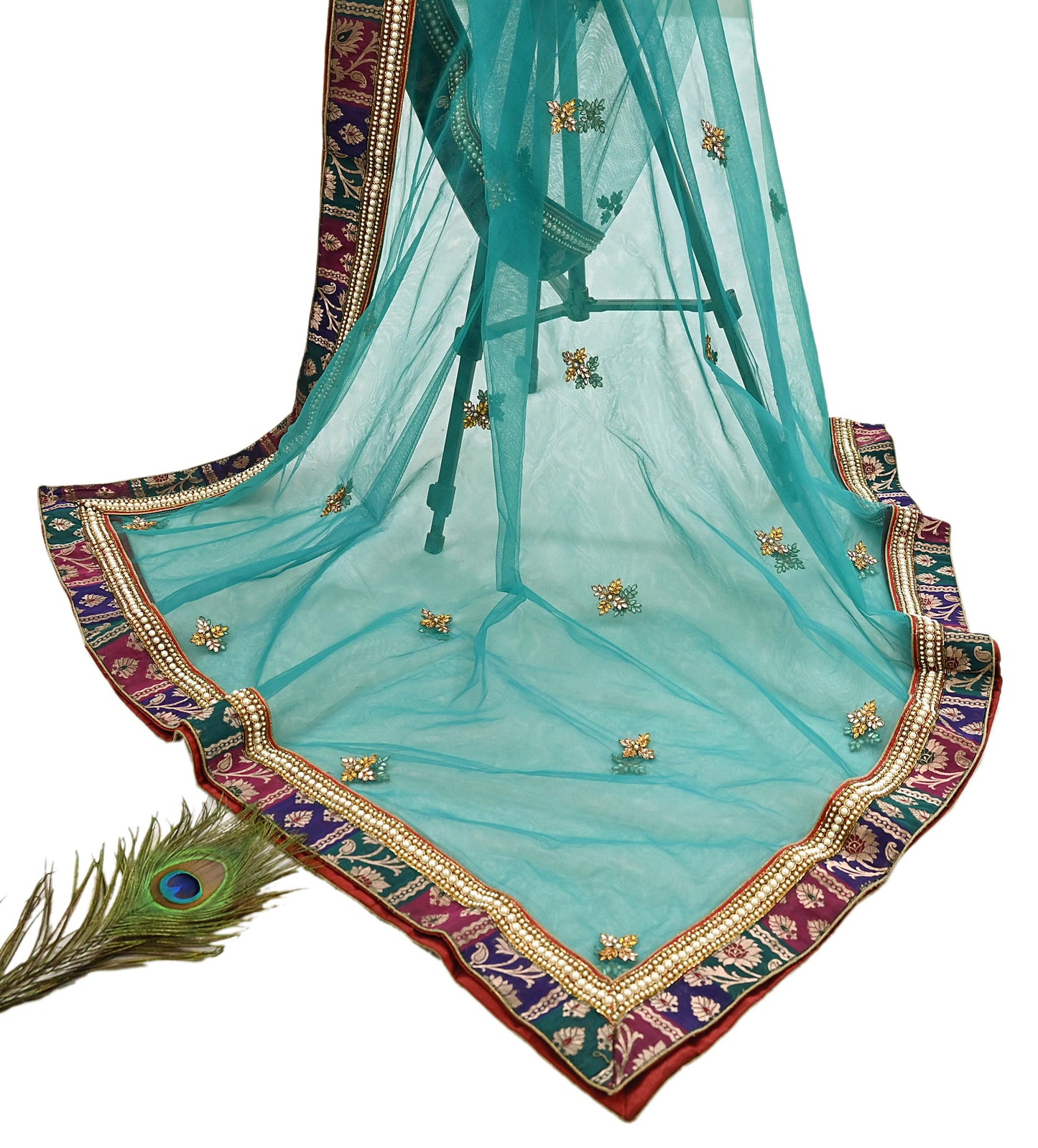 Indian Vintage Heavy Bridal Green Net Dupatta | Hand Embroidered Zardozi Zari Sequins Stole | Floral Design Hijab Veil | Wedding/Party Wear