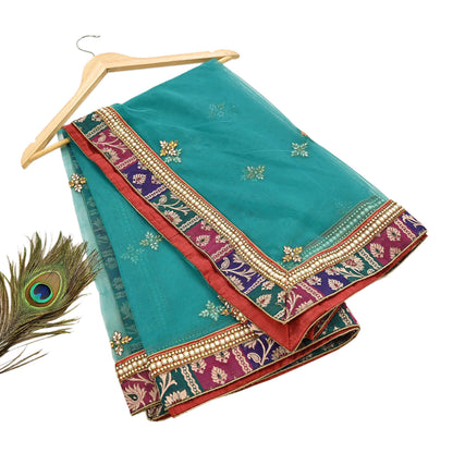 Indian Vintage Heavy Bridal Green Net Dupatta | Hand Embroidered Zardozi Zari Sequins Stole | Floral Design Hijab Veil | Wedding/Party Wear