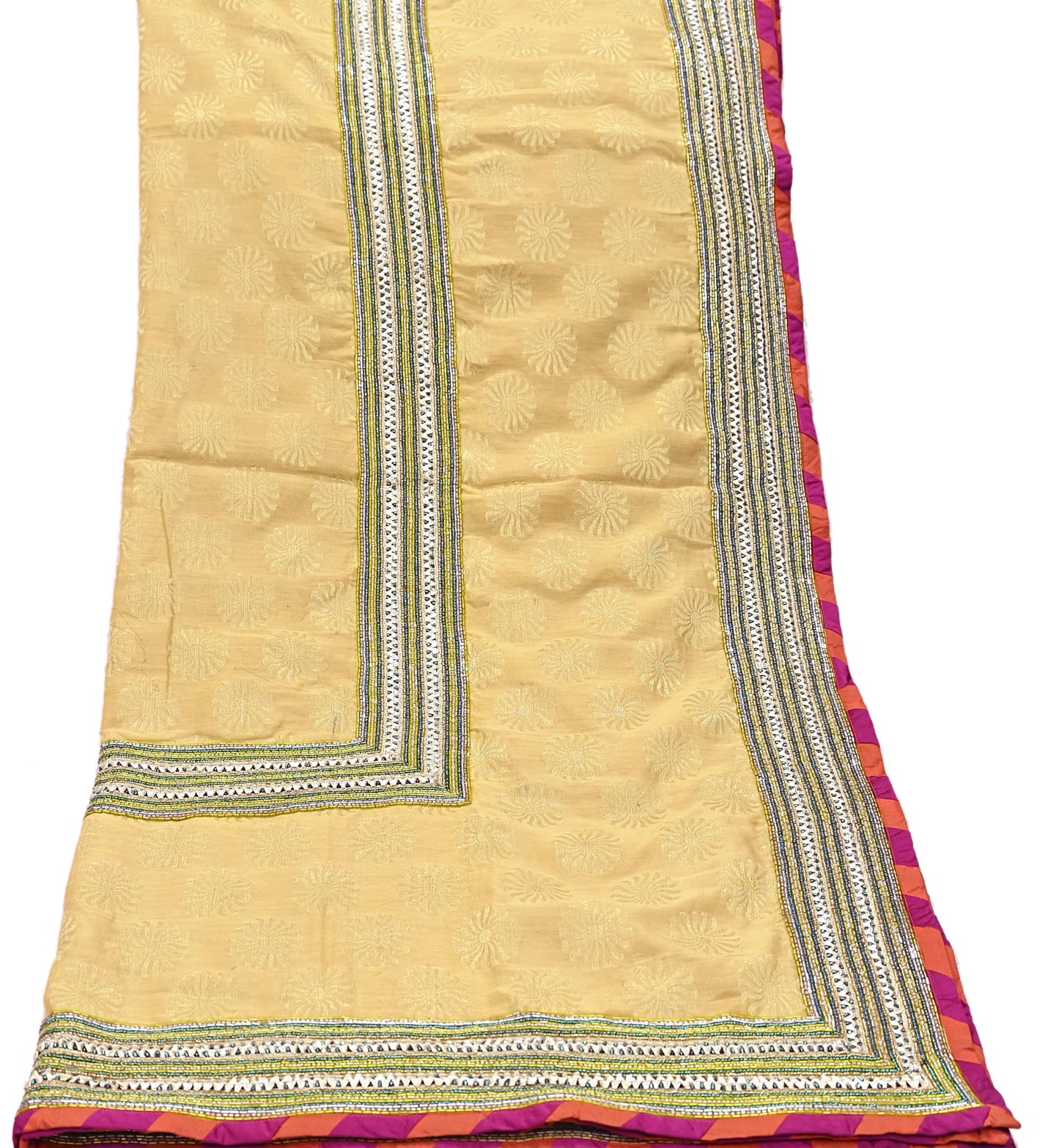 Indian Vintage Yellow Dupatta Pure Silk Long Stole Hand Embroidered Scarves Sequins Veil Wrap Hijab
