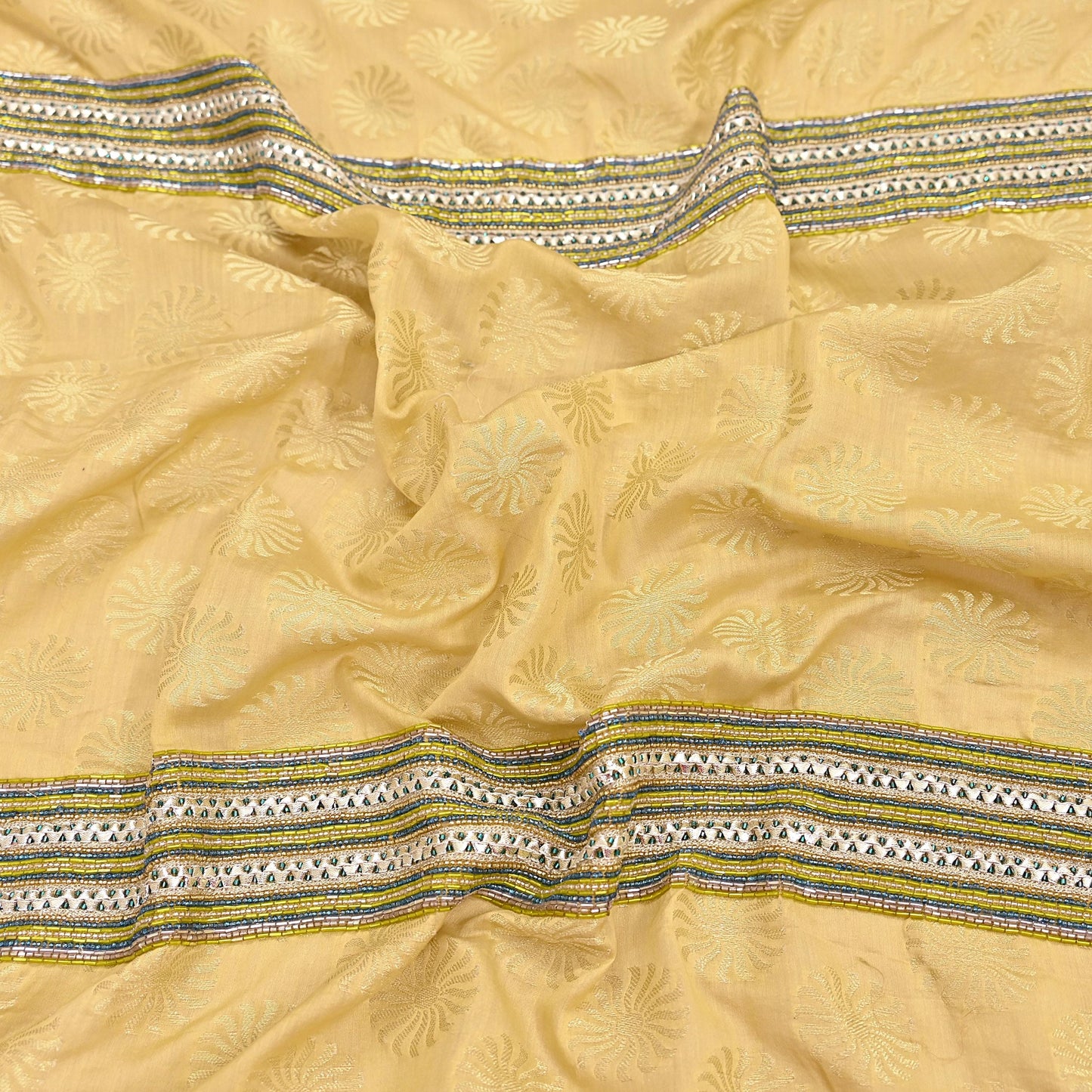 Indian Vintage Yellow Dupatta Pure Silk Long Stole Hand Embroidered Scarves Sequins Veil Wrap Hijab