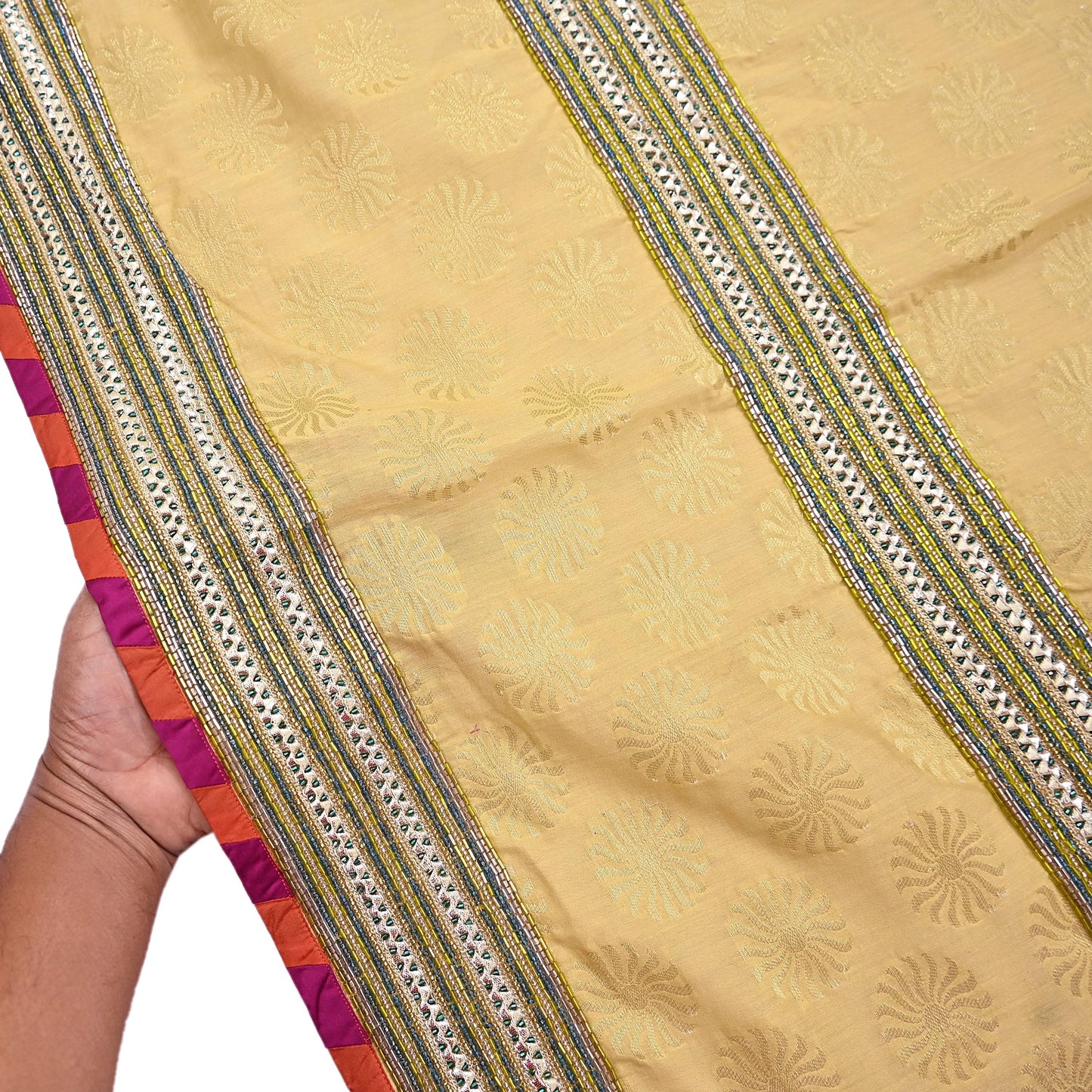 Indian Vintage Yellow Dupatta Pure Silk Long Stole Hand Embroidered Scarves Sequins Veil Wrap Hijab