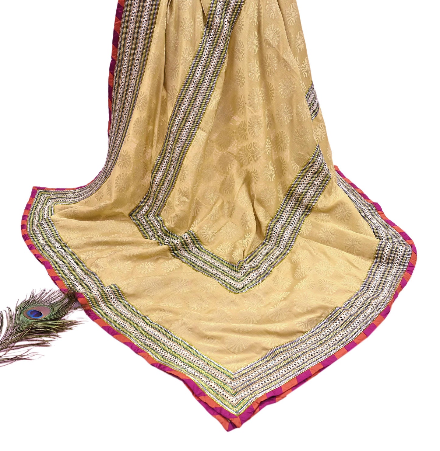 Indian Vintage Yellow Dupatta Pure Silk Long Stole Hand Embroidered Scarves Sequins Veil Wrap Hijab