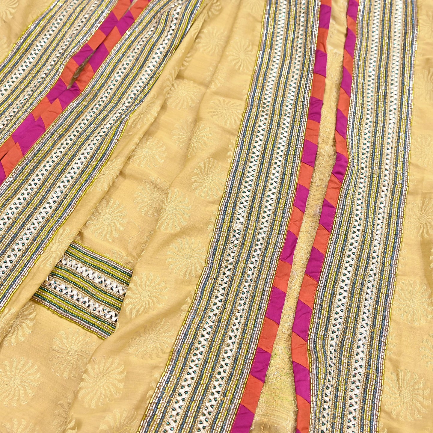Indian Vintage Yellow Dupatta Pure Silk Long Stole Hand Embroidered Scarves Sequins Veil Wrap Hijab