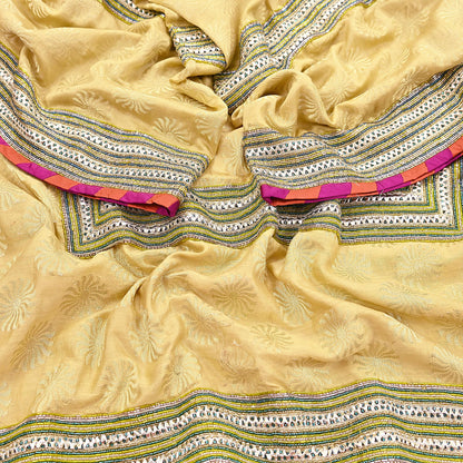 Indian Vintage Yellow Dupatta Pure Silk Long Stole Hand Embroidered Scarves Sequins Veil Wrap Hijab
