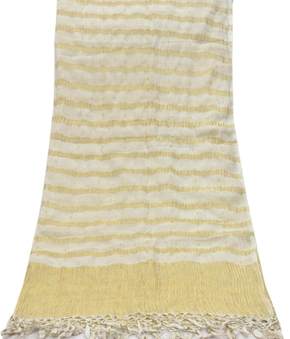 Indian Vintage Dupatta Ivory Pure Organza Silk Long Stole Woven Scarves Veil Zari Soft Stripes Design
