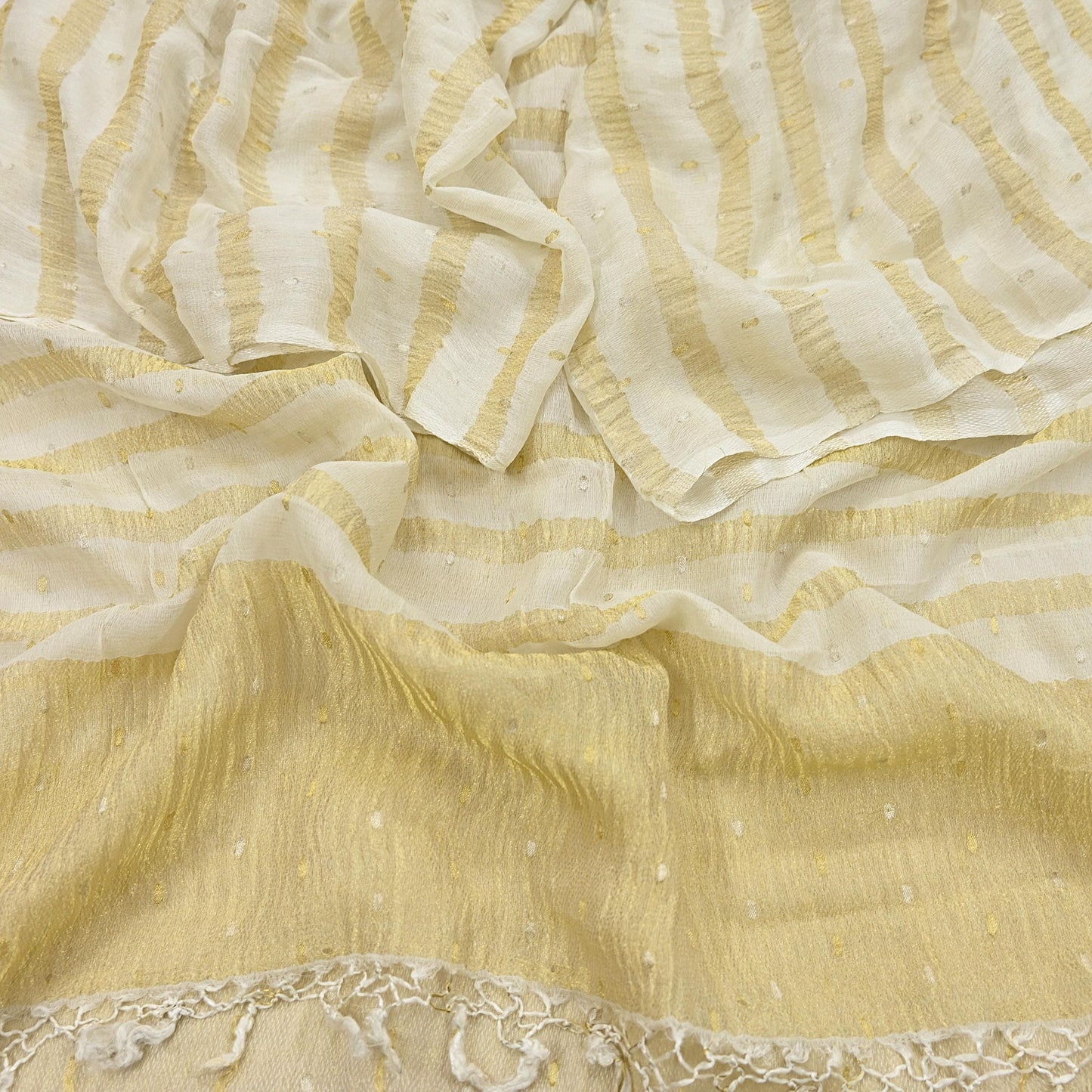 Indian Vintage Dupatta Ivory Pure Organza Silk Long Stole Woven Scarves Veil Zari Soft Stripes Design