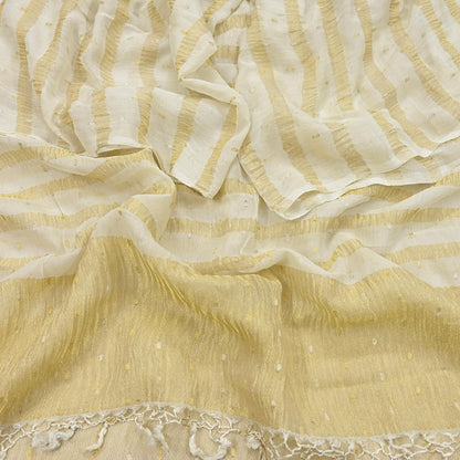 Indian Vintage Dupatta Ivory Pure Organza Silk Long Stole Woven Scarves Veil Zari Soft Stripes Design