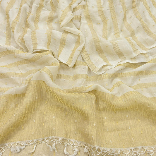 Indian Vintage Dupatta Ivory Pure Organza Silk Long Stole Woven Scarves Veil Zari Soft Stripes Design