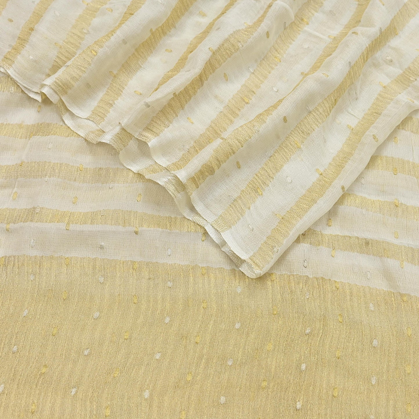 Indian Vintage Dupatta Ivory Pure Organza Silk Long Stole Woven Scarves Veil Zari Soft Stripes Design