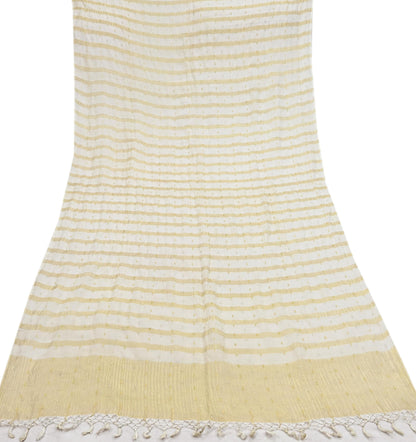 Indian Vintage Dupatta Ivory Pure Organza Silk Long Stole Woven Scarves Veil Zari Soft Stripes Design