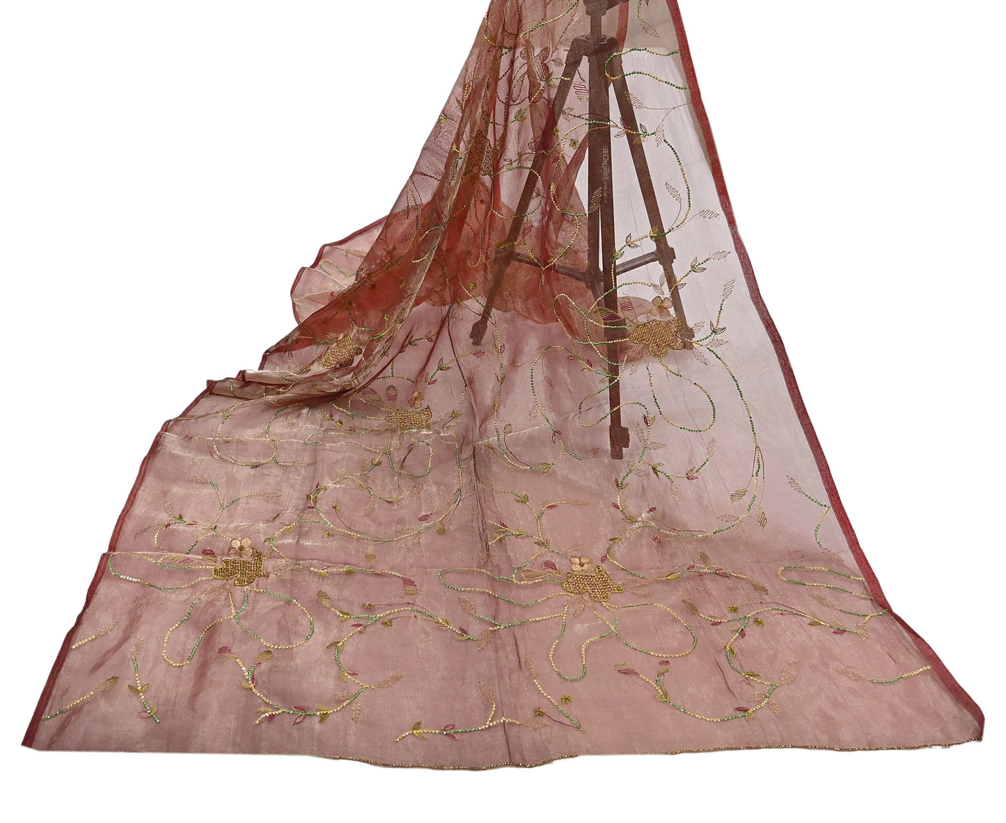 Indian Vintage Dupatta Golden Maroon Long Stole Hand Embroidered Pure Tissue Silk Scarves Veil Zardozi Zari Soft Scarf Wrap Boho